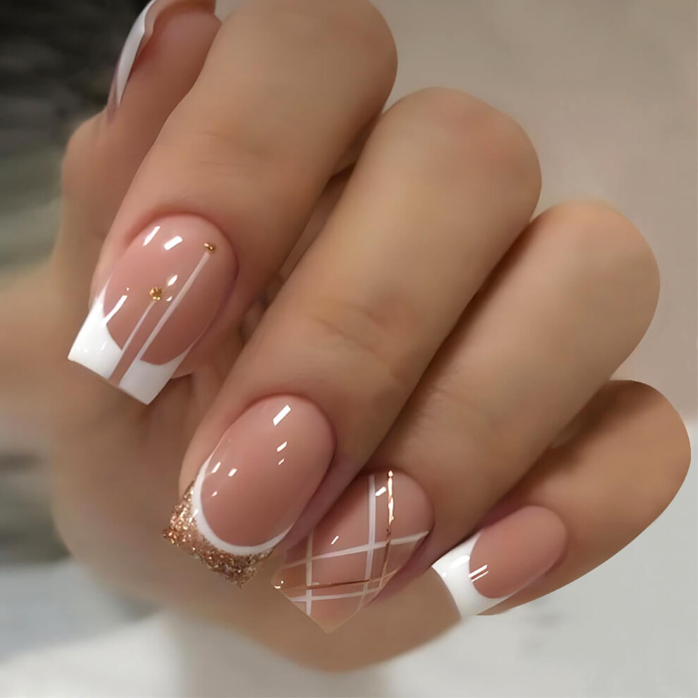 French Tip Press on Nails 24PCS Set, Glossy Coffin Fake Nails with Reusable Acrylic Nail Kit