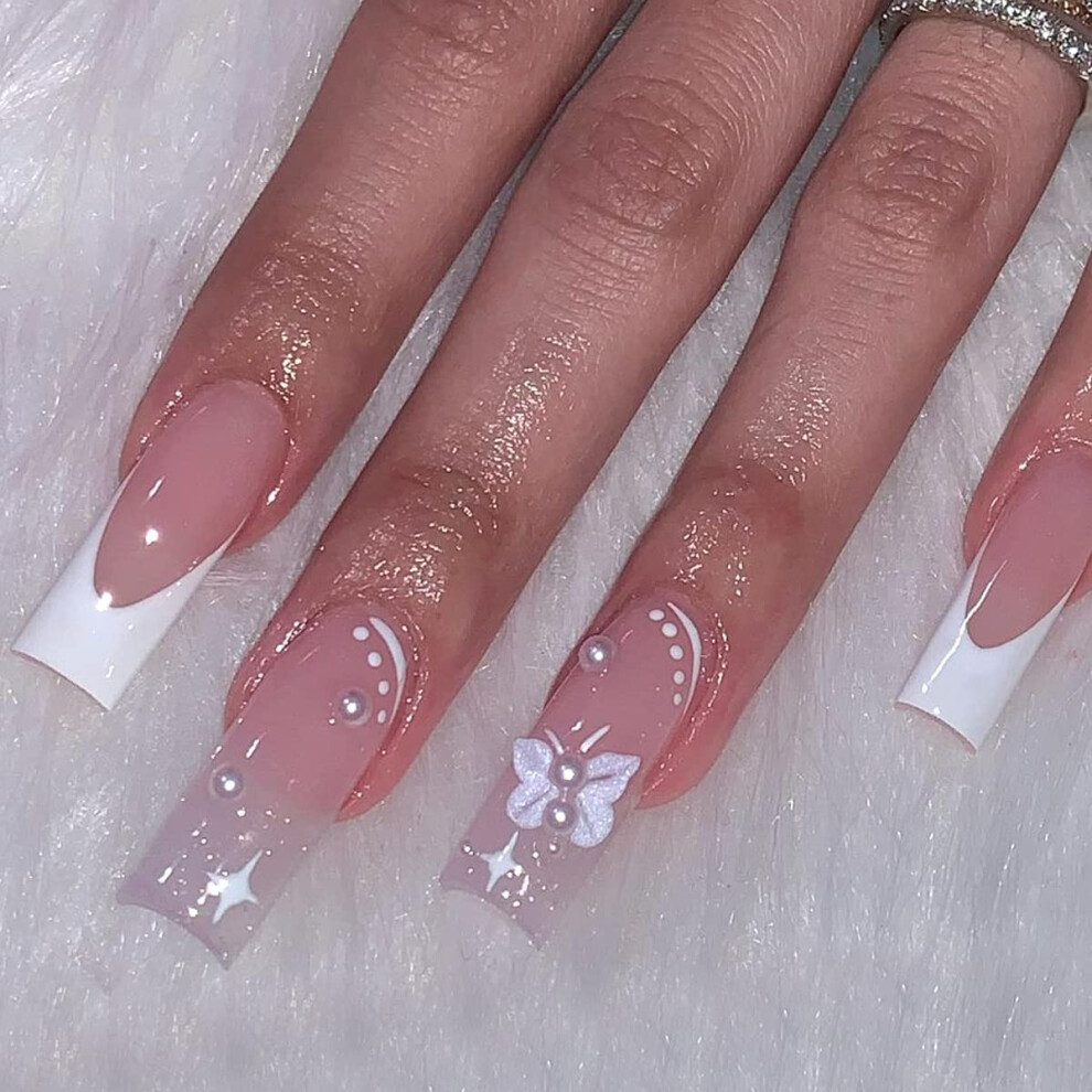 Extra Long Coffin Press On Nails with Butterfly Rhinestones Glossy French Tip Full Cover 24 Pcs