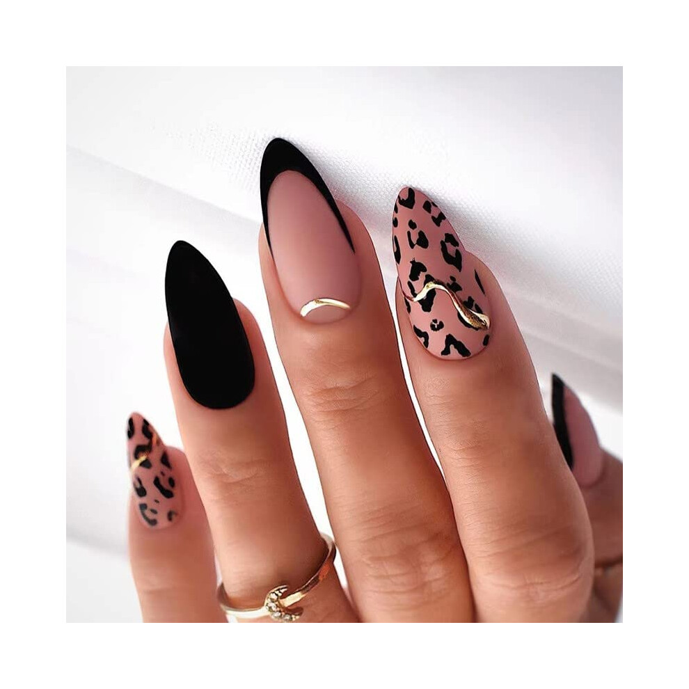 Black and Pink French Tip Press On Nails, Leopard Print Almond Shape Reusable Fake Nail Kit