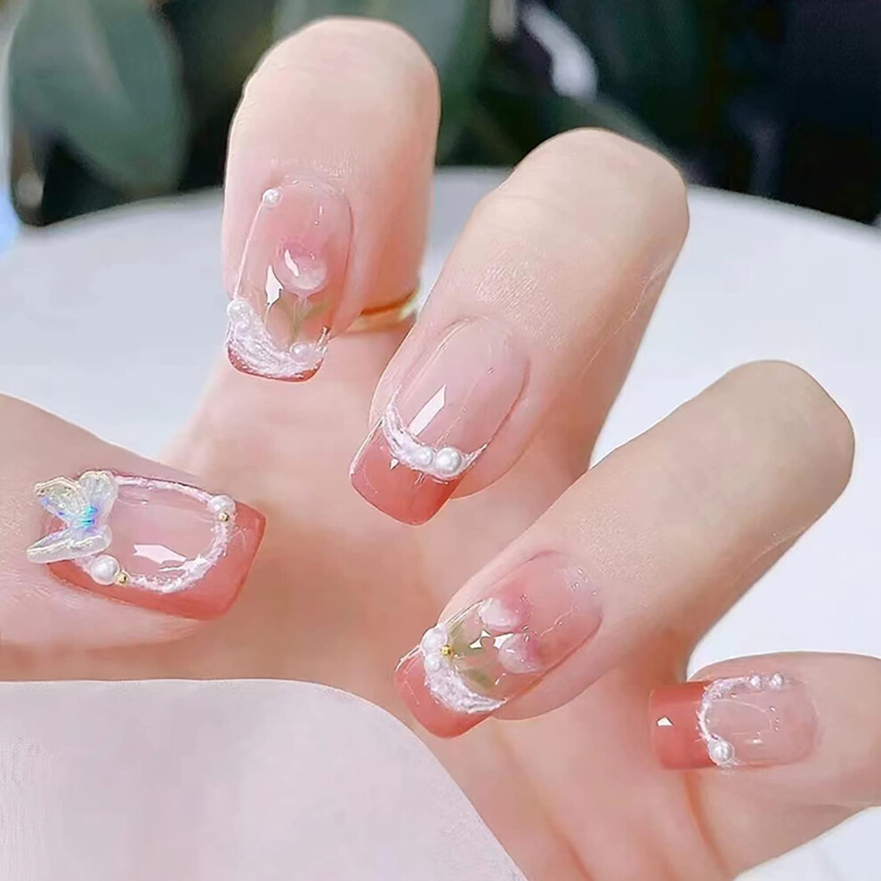 Press On Nails Short Square Butterfly Design, 24pcs Reusable Acrylic Fake Nails with Glue for Women