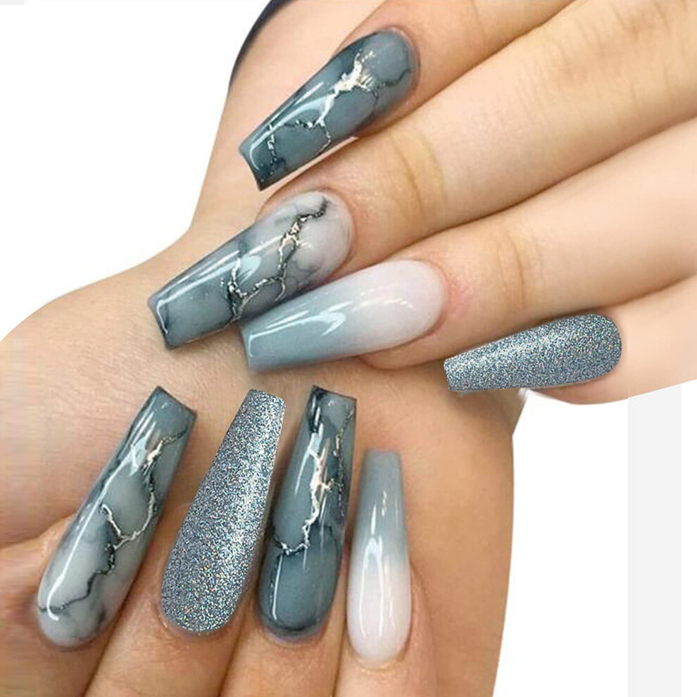 Grey/Silver Long Coffin Press On Nails Gradient Marble Fake Nails With Glitter For Women 24Pcs