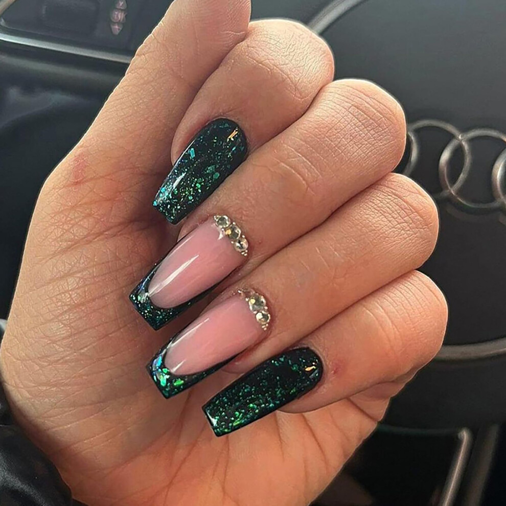 Green Long Coffin French Tip Press On Nails With Glue, Reusable Rhinestone Fake Nails 24Pcs Emerald Shine