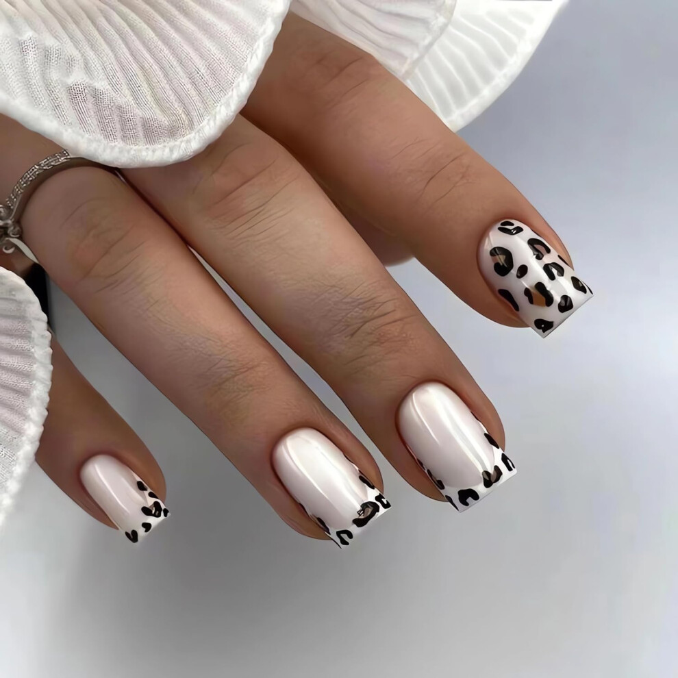 Leopard French Tip Press On Nails Short Square Glossy Acrylic Fake Nails for Women, 24pcs