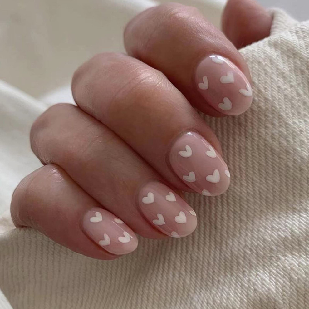 Pink,White Pink Press On Nails Short White Heart Almond Fake Nails 24Pcs Readytowear Manicure Kit For Women