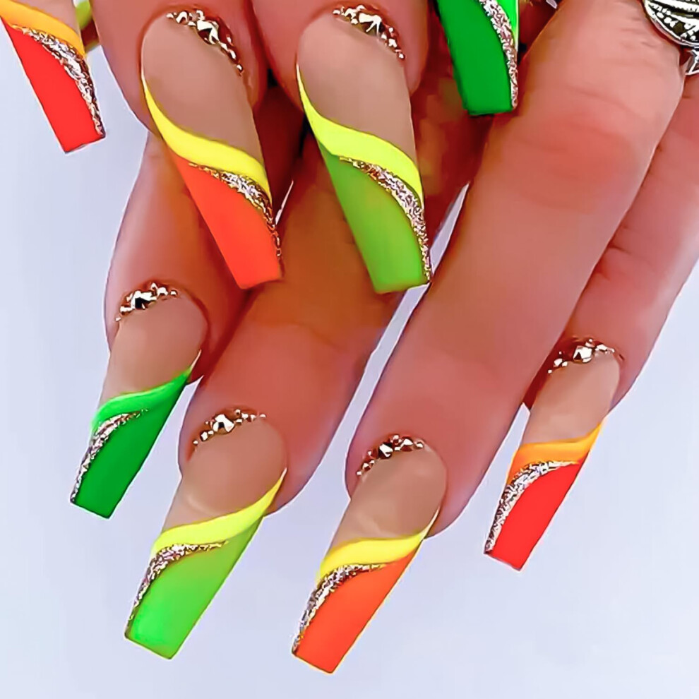 Long Press on Nails with Rhinestones Colorful Full Cover Fake Nails for Women 24pcs