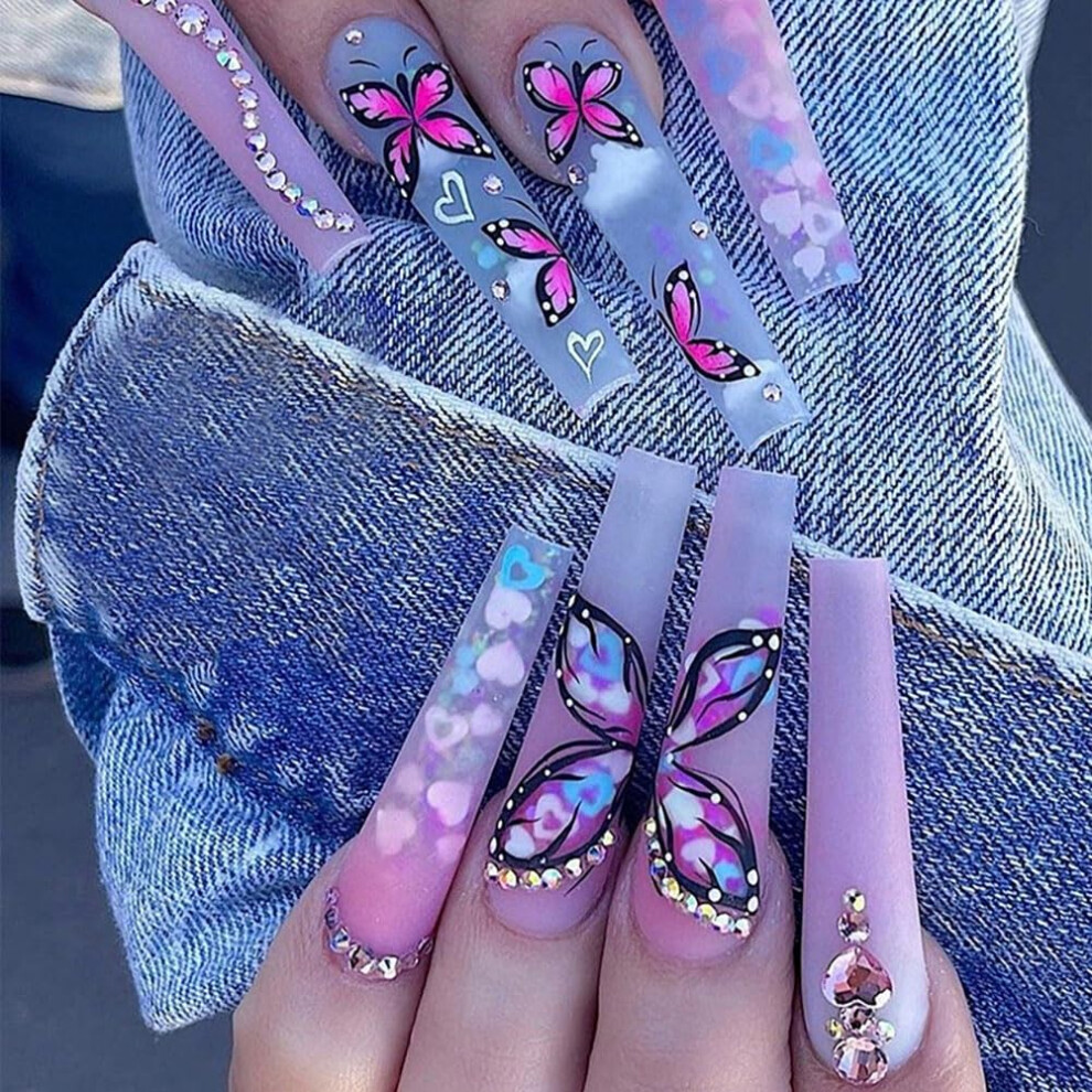 Blue Coffin Press On Nails Matte Gradient With Butterfly And Rhinestone Accents 24Pcs Long Acrylic