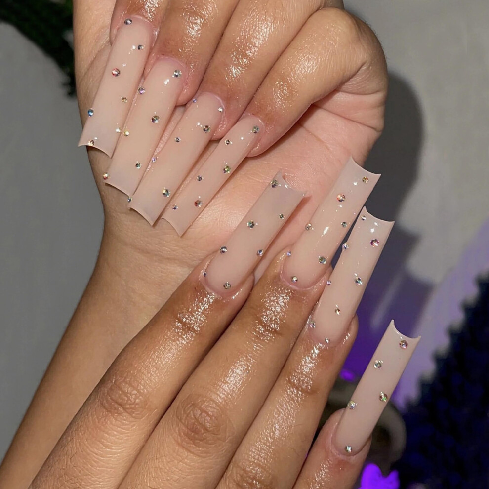 Long Nude Press On Nails with Rhinestones Luxury Acrylic ABS Fake Nails 24pcs Multiple Sizes