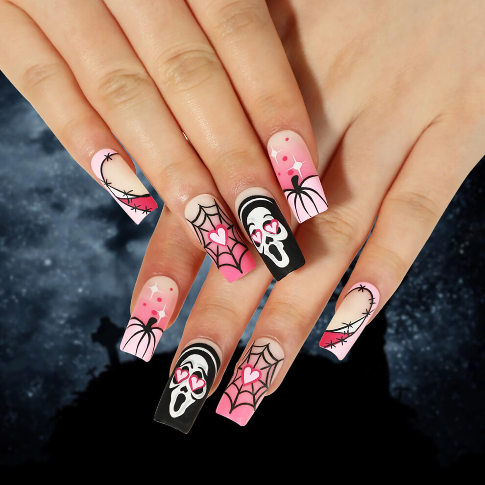 Pink,Black Halloween Coffin Press On Nails Set Pink Black Acrylic Gradient With Pumpkin Spider Web 24Pcs