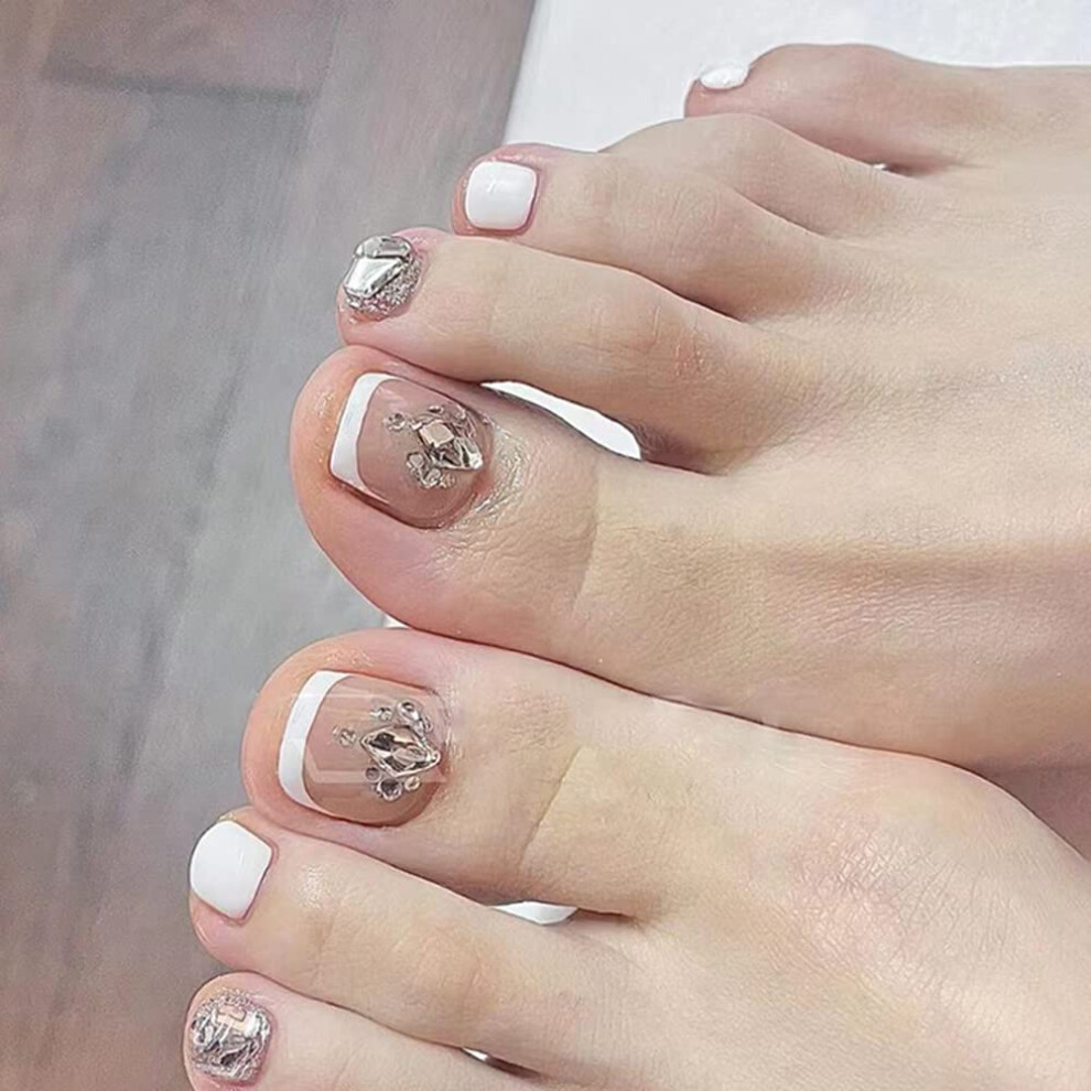 French Tip Fake Toenails White Acrylic with Sparkly Rhinestones Glue On Reusable 24PCS