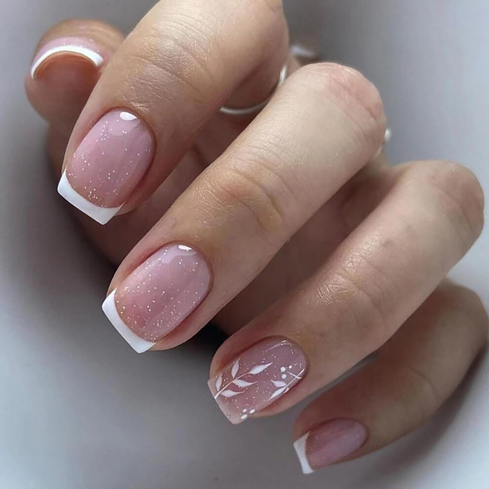 24Pcs Short French Press On Nails Nude Pink Square Fake Nails with Leaf and Sequin Design