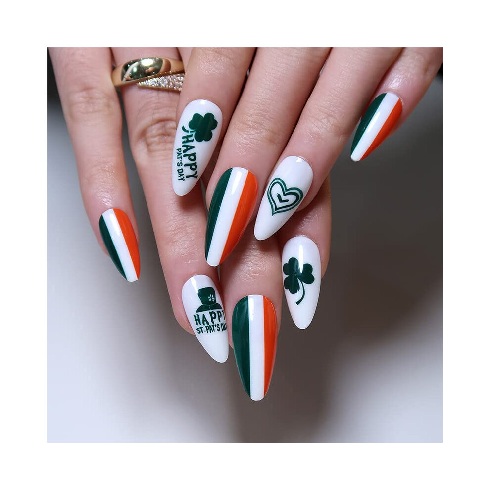 Green St. Patrick's Day Press On Nails With Shamrock, Medium Almond Reusable Acrylic Nail Set 24Pcs