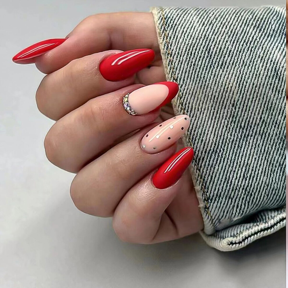Pink Short Almond Press On Nails French Glitter Rhinestone Acrylic Fake Nails With Glue 24Pcs