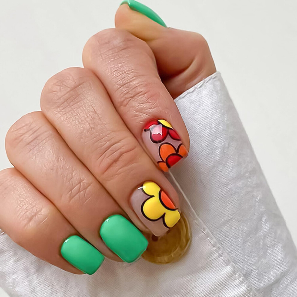 Green Short Square Press On Nails Sunflower Glossy Acrylic Fake Nails Set For Women 24Pcs