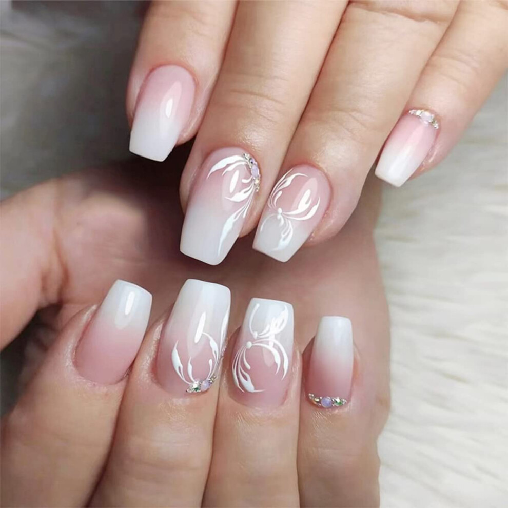 Pink,White Gradient Pink White Press On Coffin Nails With Rhinestones And Petal Design For Instant Salon Look