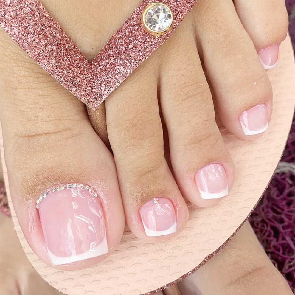 Pink Press On Toenails with Rhinestones, Square Short Fake Toenails with White Tips, 24pcs Kit