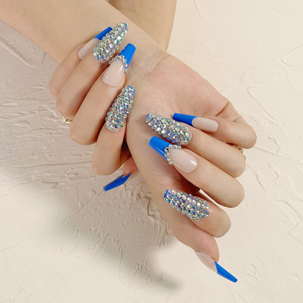 Long Coffin French Tip Press On Nails Mermaid Blue with Rhinestones Acrylic 24PCS