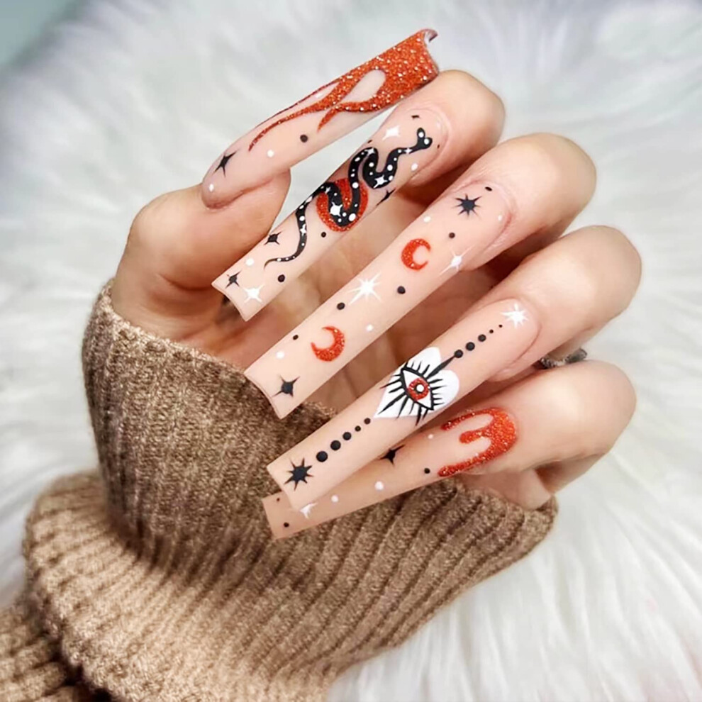 24Pcs Long Coffin Press On Nails Matte Flame Serpentine Acrylic False Nails Kit for Women