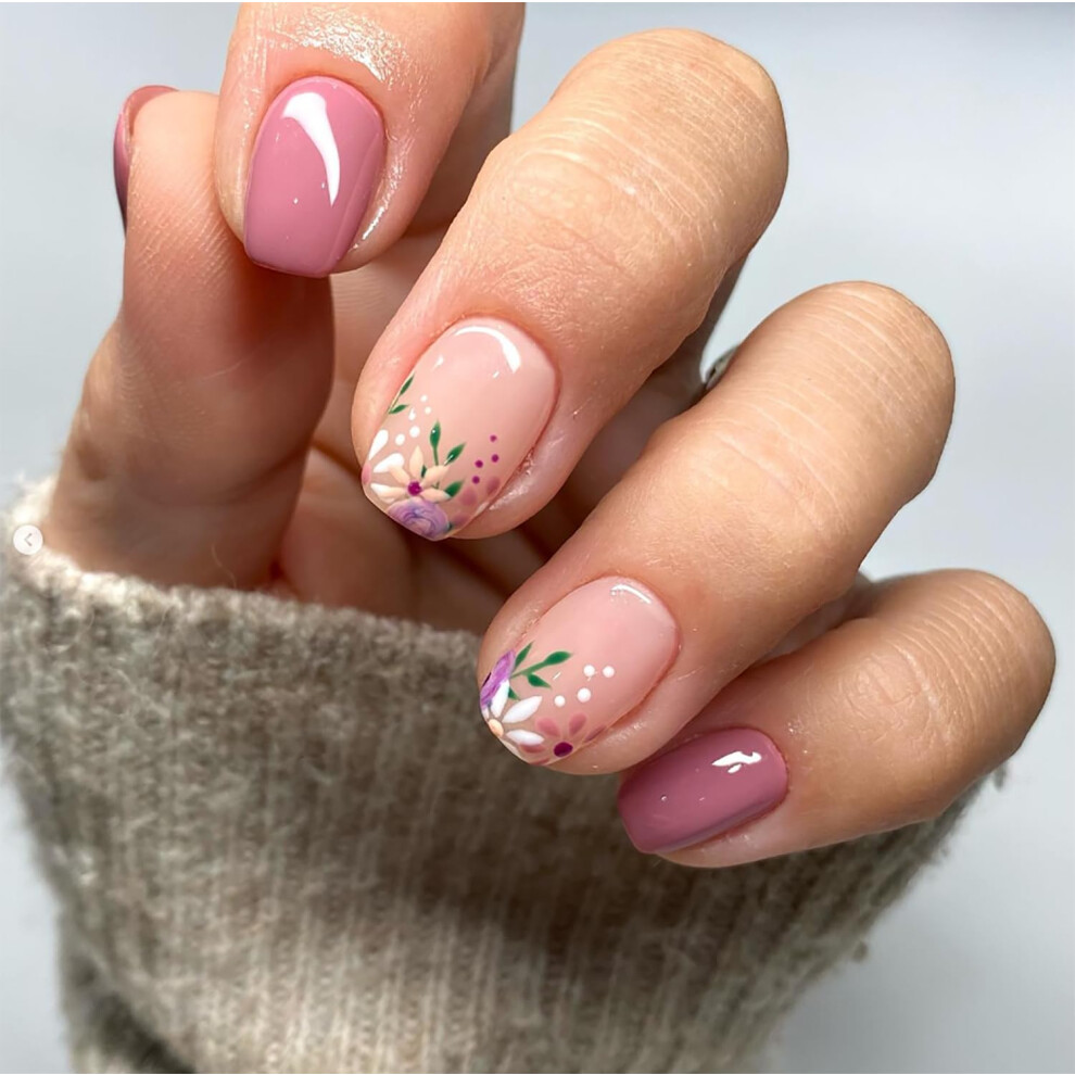 Pink Press On Nails With Floral Designs Short Square Fake Nails Salonquality Reusable Nail Set