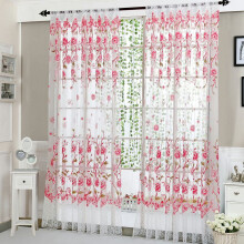 Cortina translúcida estilo pastoral com estampa de tulipas, ideal para sala de estar e quarto.