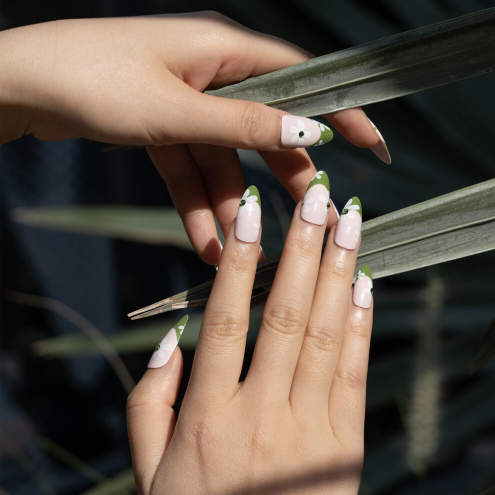 Green Press On Nails Floral Almond Shape Reusable Fake Nail Tips For Instant Salon Manicure 24Pcs