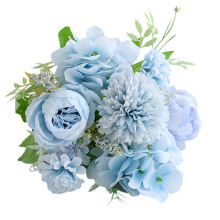 Generieke kunstmatige pioenroos met vaas, zijden bloemenboeketten, nep-hortensiabollen voor tafeldecoratie thuis, bruiloftsdecoratie