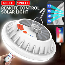 Solární USB kempingové světlo, závěsné vodotěsné, venkovní lampa do stanu s dálkovým ovládáním - 60 LED