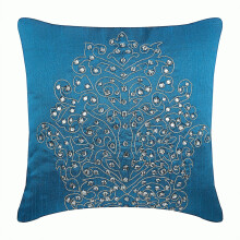 Koningsblauwe kussenhoes met bloemenmotief (damast) en zardozi-kristallen (50x50 cm), zijden sierkussenhoes.
