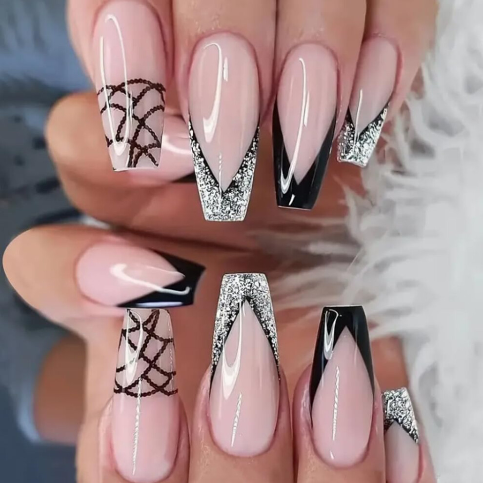 Pink,Cream Press On Toenails Checkered Glitter Acrylic Fake Toenails With Glue Nude Pink Glossy 24Pcs