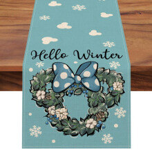 Blå bordslöpare med krans av Hello Winter Mouse, 33x180 cm, prickig rosett i bomull med snöflingor, juldekoration för inomhus- och utomhusfest