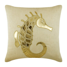 Euro Sham kussensloop 26x26 inch, naturel beige linnen, applicatie van zeedieren en gouden zeepaardje, imitatieleer, strandthema