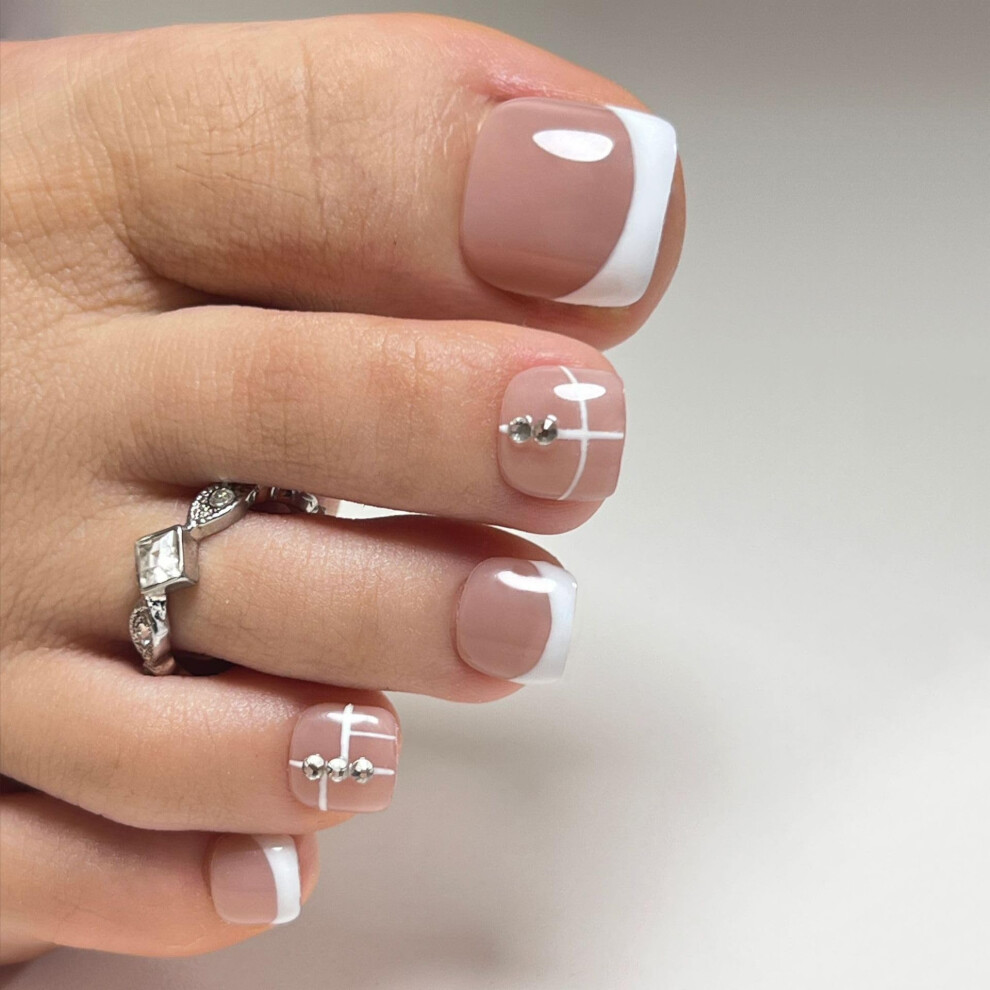 Nude French Tip Press On Toenails with Shiny Rhinestones, Short Square Full Cover Fake Toenails 24PCS