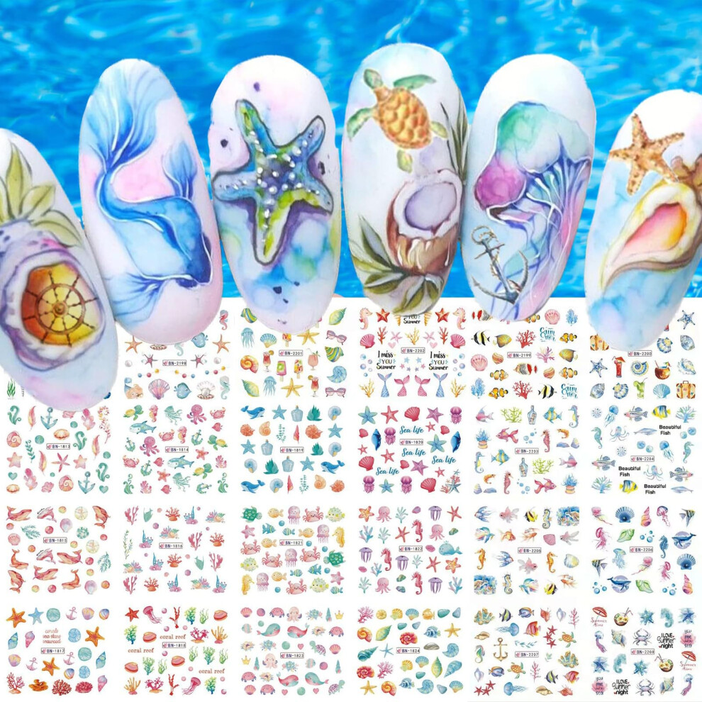 Ocean Nail Art Stickers 12 Sheets Summer Sea Water Transfer Decals with Whale Starfish Seashell Turtle Designs