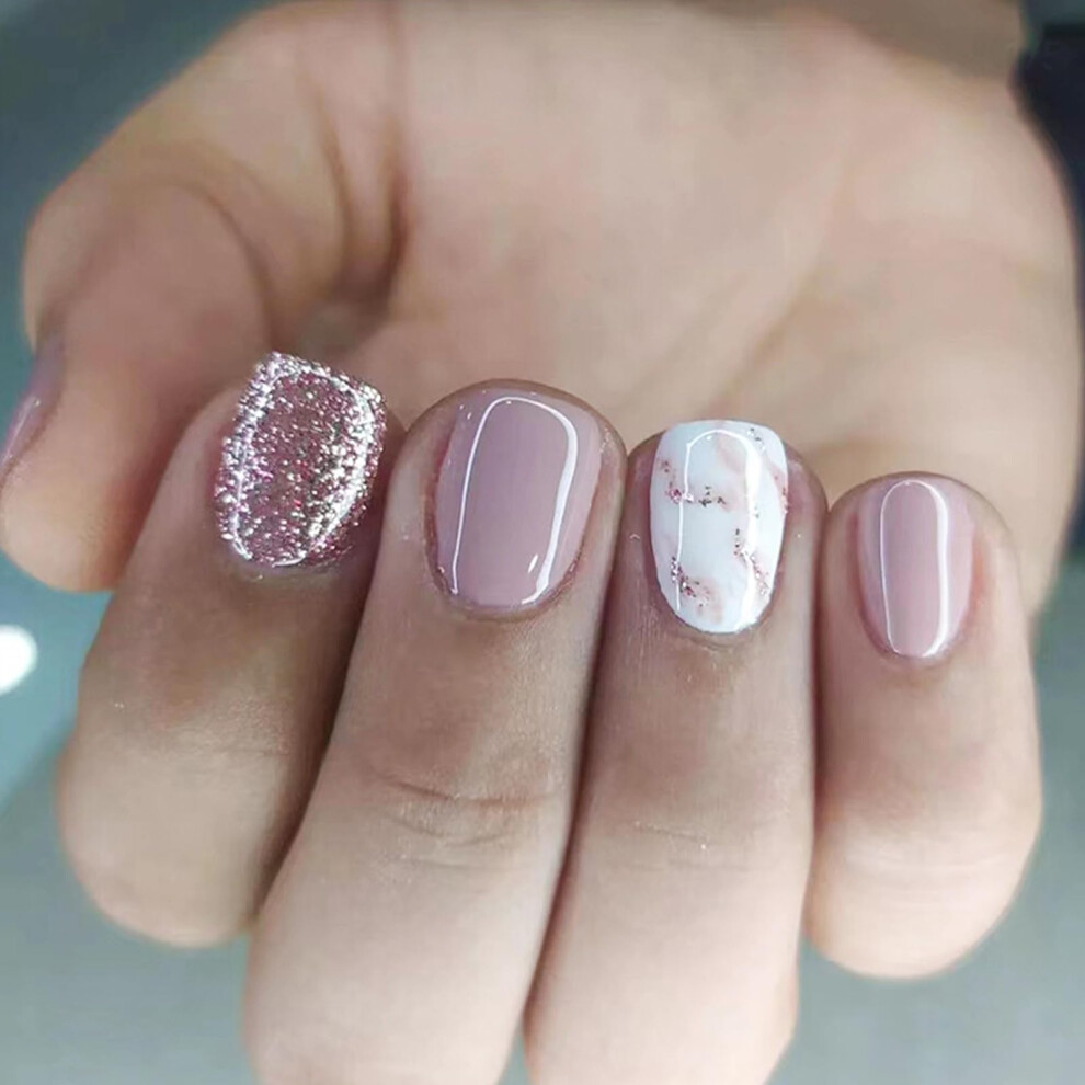 Pink,Cream Short Square Press On Nails 24Pcs Nude Pink Glitter Acrylic French Style With Longlasting Wear