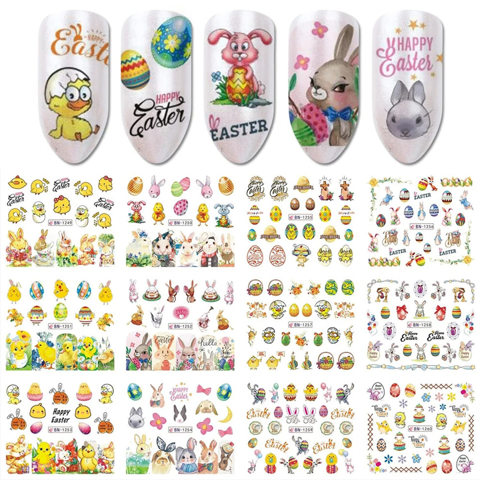 12Pcs Easter Nail Art Stickers and Decals Bunny Egg Chick Designs Water Transfer for Acrylic Nails