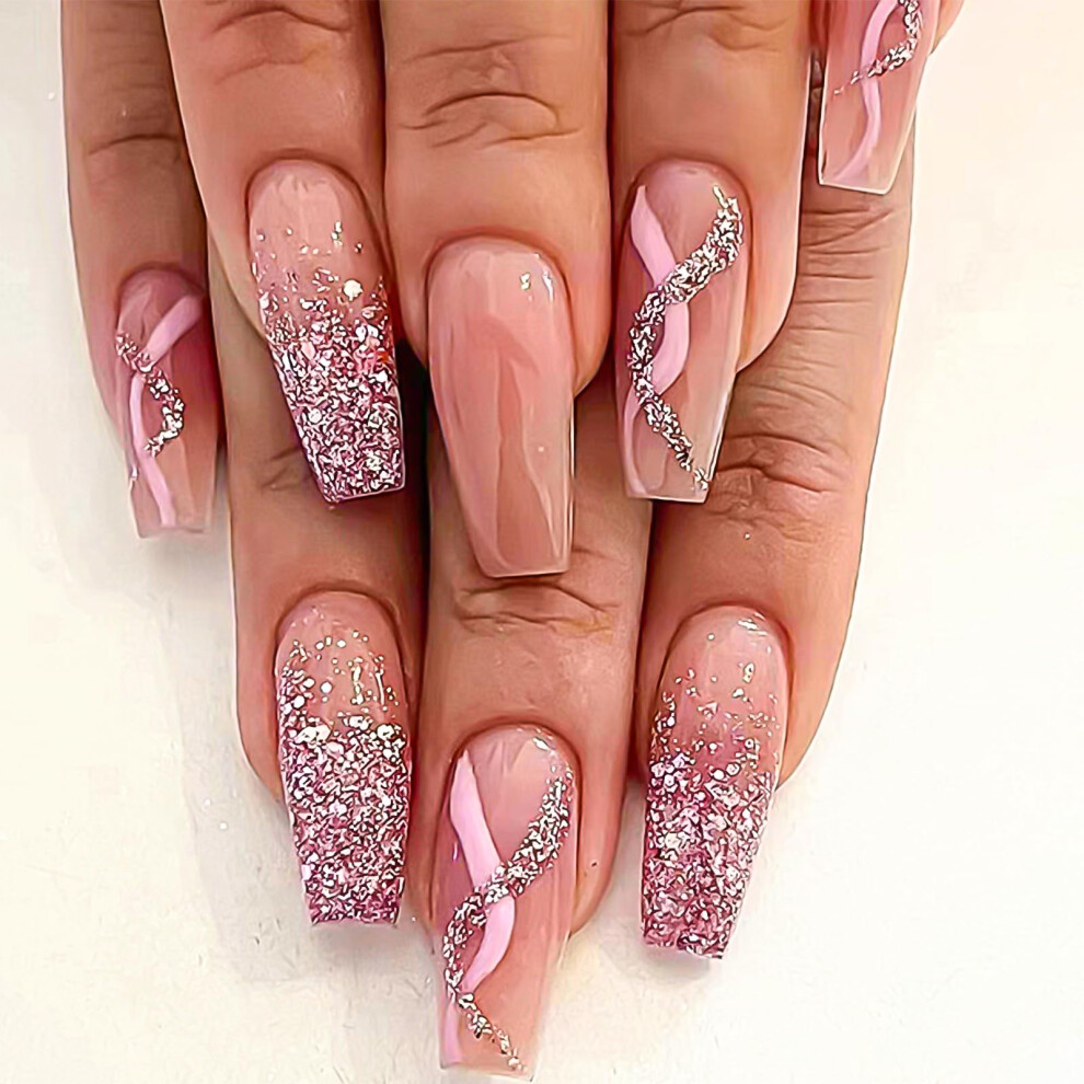 Pink Press On Nails Medium Coffin Fake Nails With Glue, Glitter Glossy Acrylic 24Pcs Set