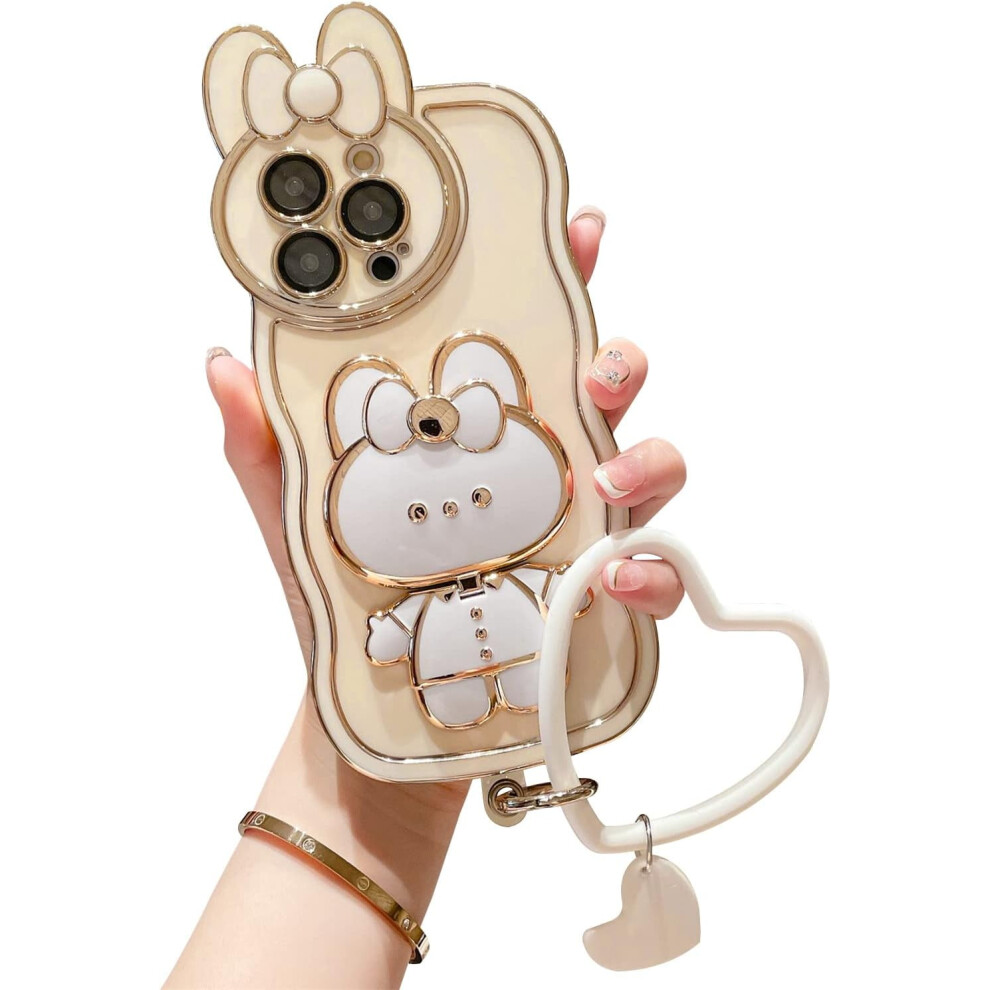 Cute Bunny Hidden Stand Case For Iphone 14, Plating Bumper Shockproof Mirror Bracket With Rabbit Ear Lens, 3D Rabbit Case With Heart Chain Bracelet 9164030694439