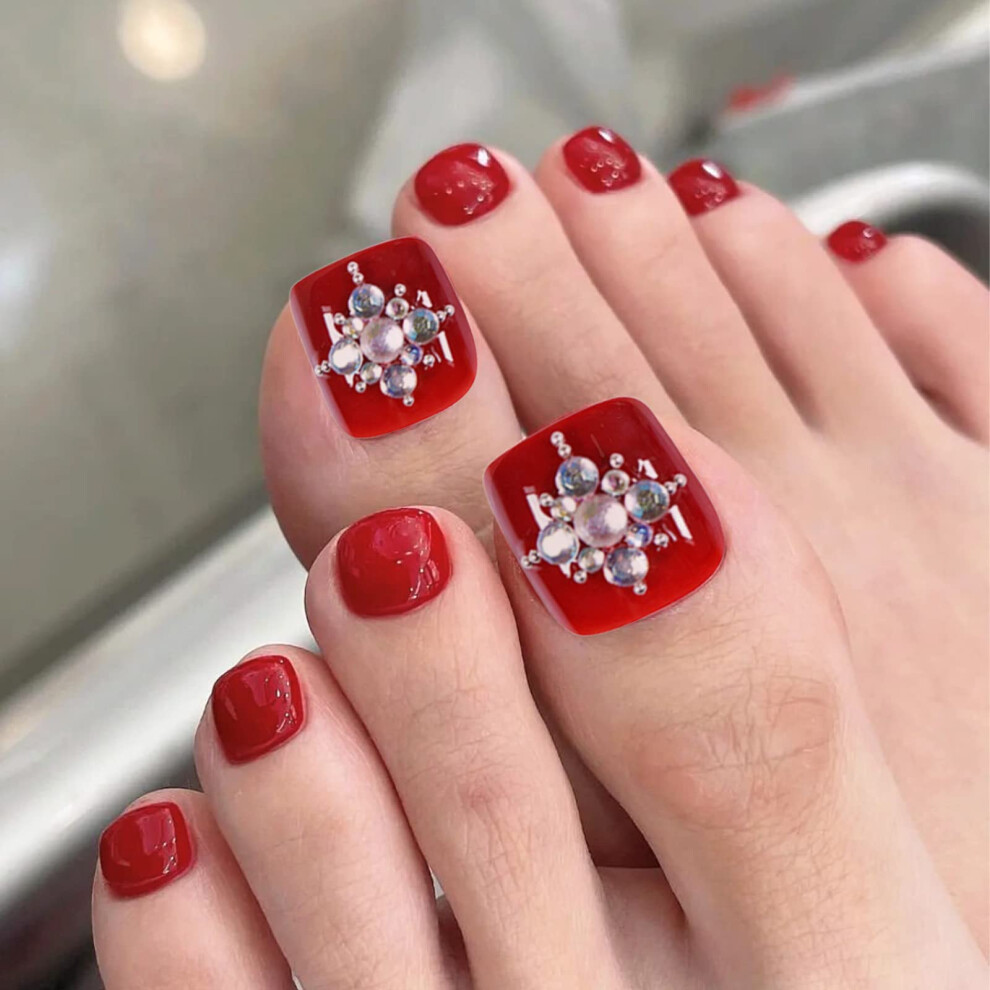 Press On Toenails with Rhinestones Glossy Square Fake Toenails Set 24pcs for Women and Girls