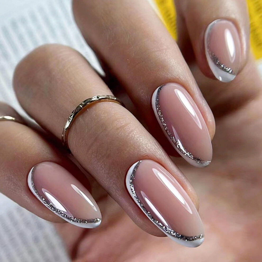 White,Cream French Tip Press On Nails Medium Almond Fake Nails Nude White Glitter Acrylic Glue On 24Pcs