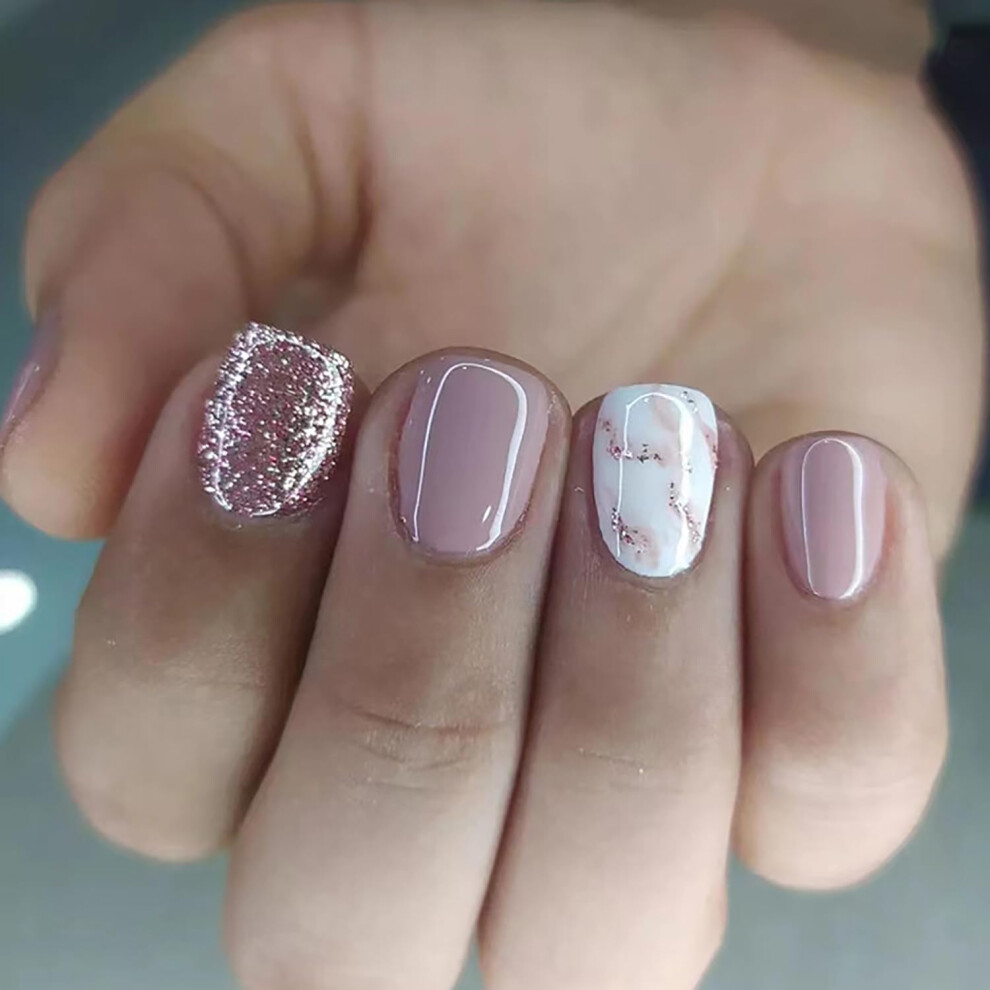 Short Square Press on Nails Nude Pink Glossy Fake Nails with Glitter Artificial Acrylic Full Cover 24Pcs