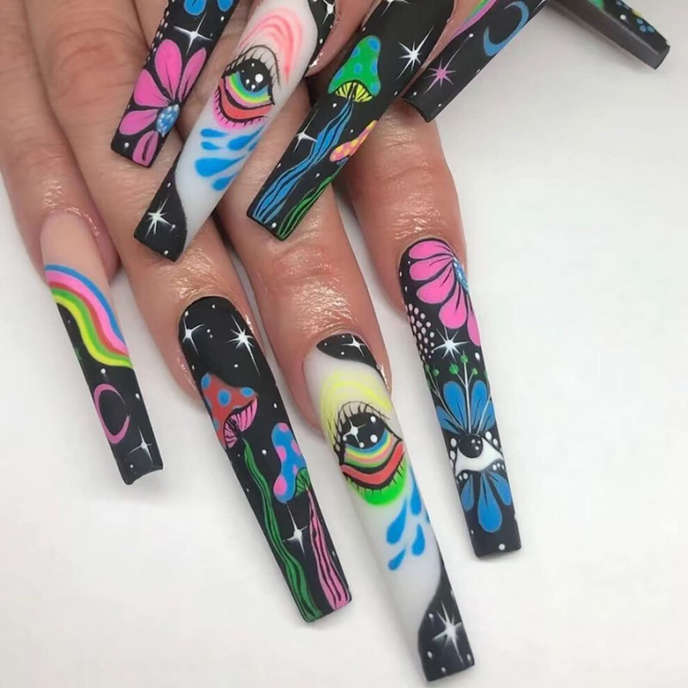 24PCS Long Press On Nails with Glue Glossy Acrylic Fake Nails Stars Moon Designs for Women