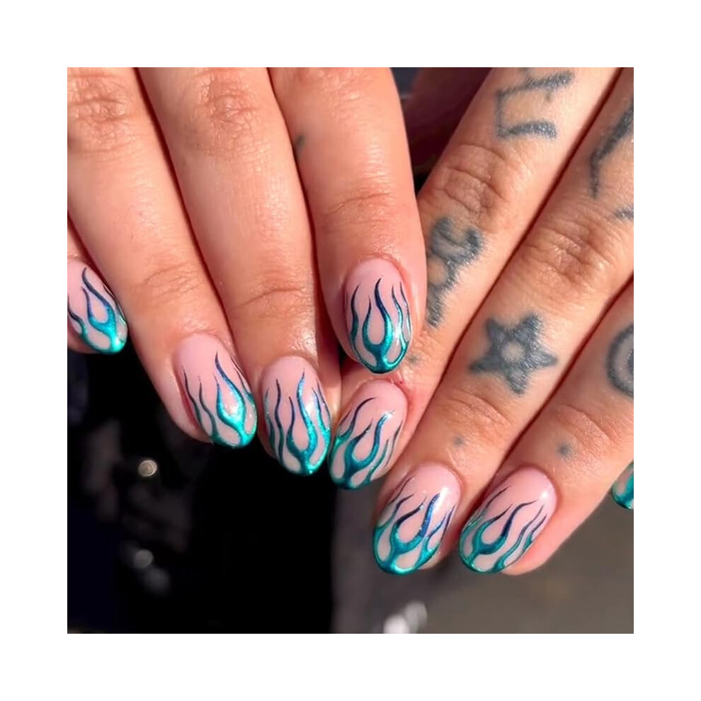 Blue,Green Press On Nails Short Almond Shape Blue Green Gradient Flame Fake Nails 24Pcs Instant Manicure