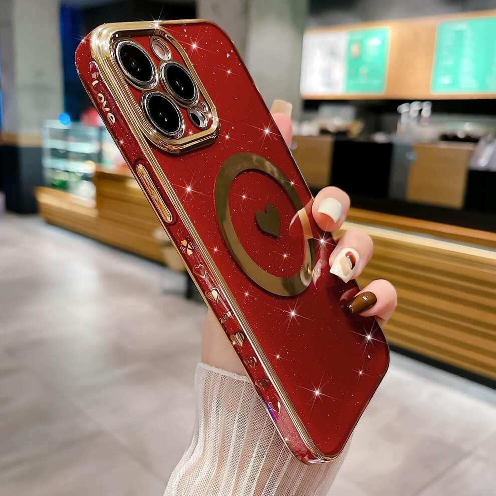 Compatible With Iphone 13 Pro Max 6.7" Glitter Love Heart Case, Luxury Magsafe Compatible Shockproof Back Cover For Women/Girls - Red 9338982184274