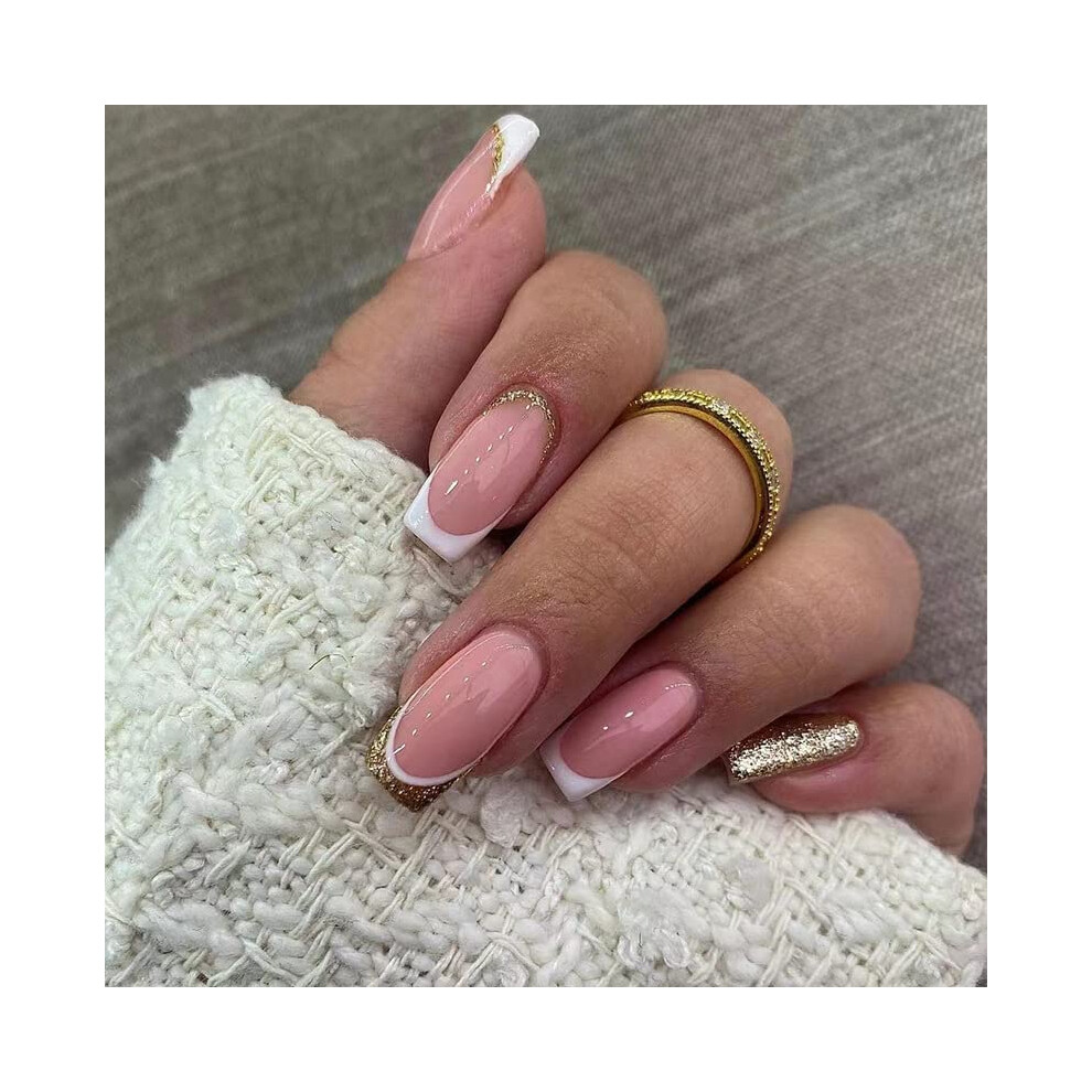 White,Cream,Gold Short Coffin Press On Nails Gold White Glitter Fake Nails Nude Glue On Nails For Wedding 24Pcs