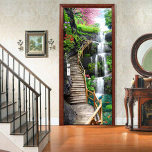 3D Door Sticker Green Forest Waterfall Landscape PVC Mural for Living Room Bedroom Bathroom Decor
