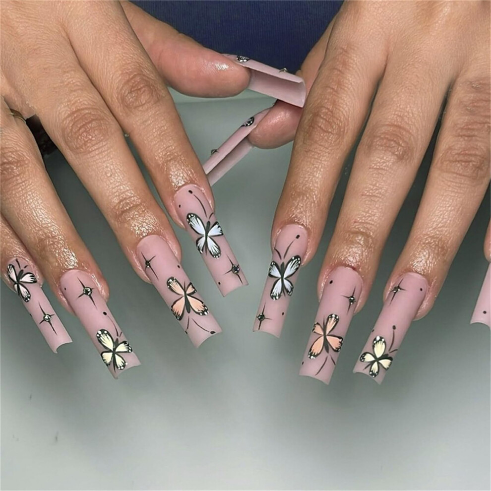 24pcs Square Long Press On Nails with Butterfly and Rhinestones, Colorful Fake Nails for Women