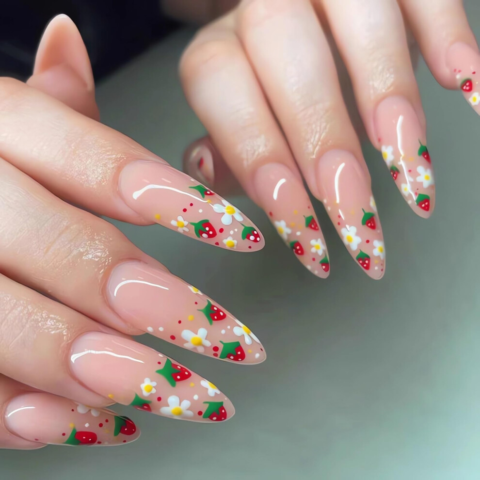 Pink,Cream Strawberry Long Almond Press On Nails Nude Pink French Tip Acrylic Fake Nails 24Pcs For Women
