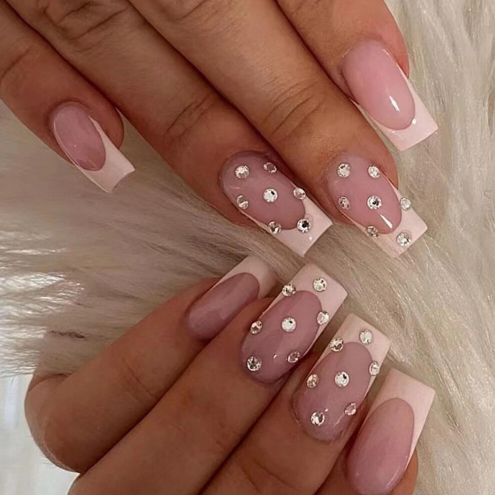 Pink Short Squoval Press On Nails With Glue, French Tip Fake Nails With Rhinestones, 24Pc Set