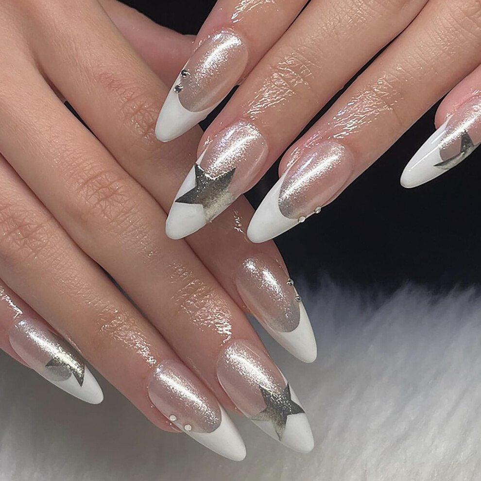 Almond Press on Nails White Nude with Stars Pattern Medium Fake Nails with Glue for Women 24Pcs