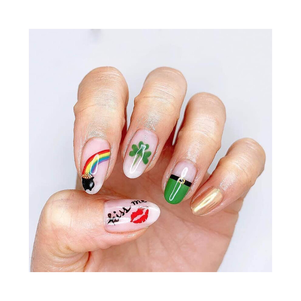 Green St. Patrick's Day Shamrock Press On Nails Clover Rainbow Medium Almond Acrylic False Nails 24Pcs