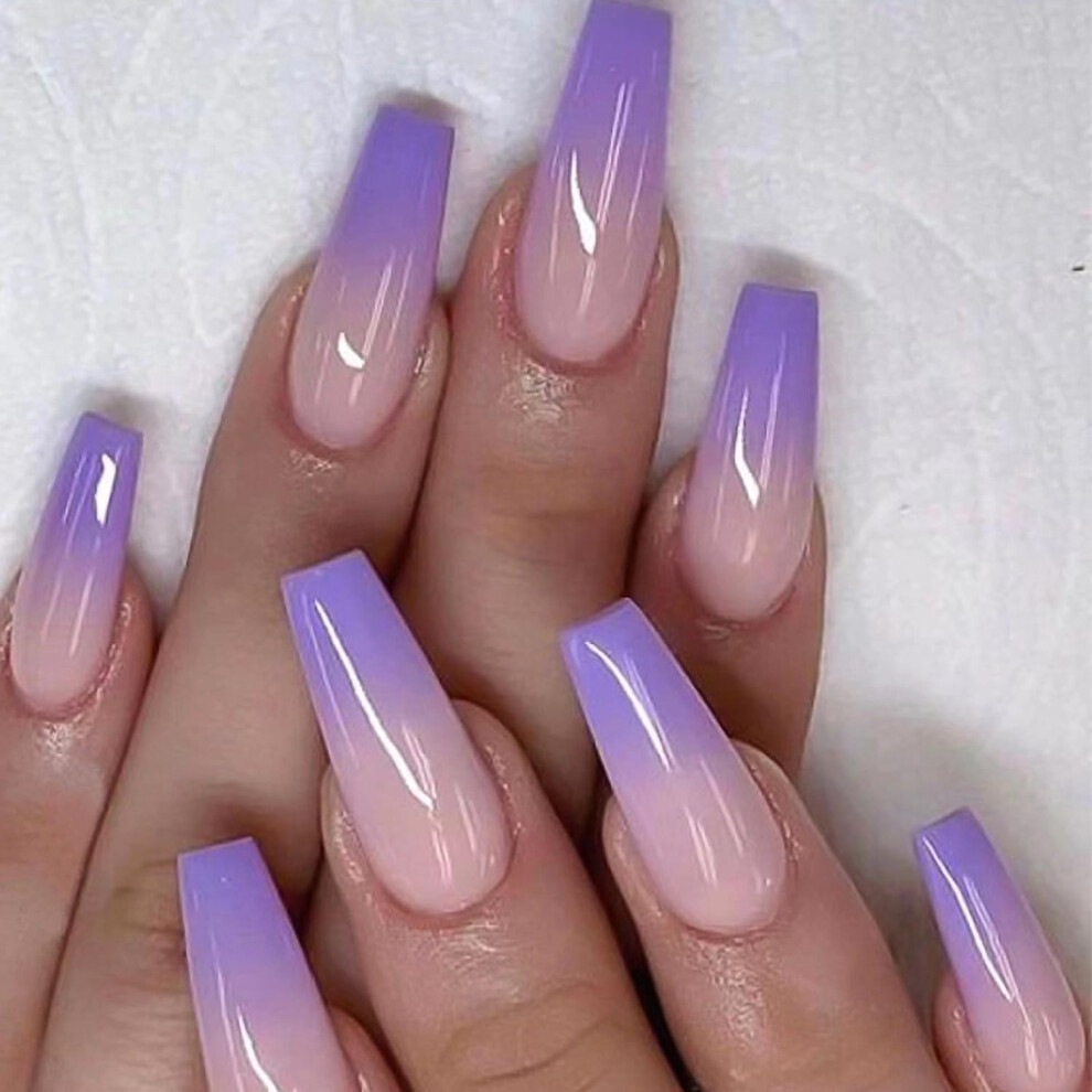 Purple Gradient Press On Nails Long Coffin Glossy Acrylic Full Cover Fake Nails Reusable 24Pcs